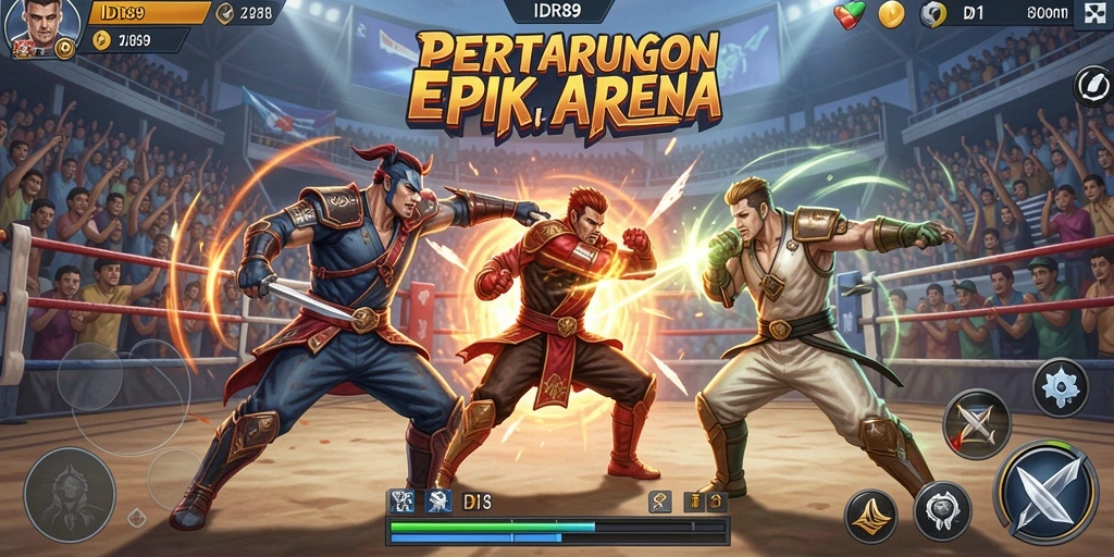 Tangkapan layar utama IDR89 dengan aksi pertarungan yang intens.