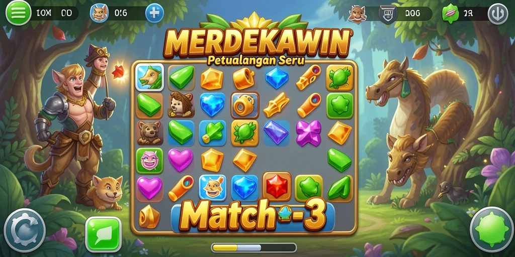 Tampilan seru gameplay Match-3 dalam MERDEKAWIN.